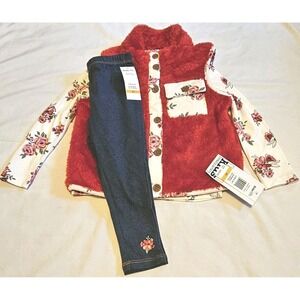 NWT Kids Headquarters Girls 3T 3piece Red/Pink Floral Shirt, Faux Fur Vest,Pants